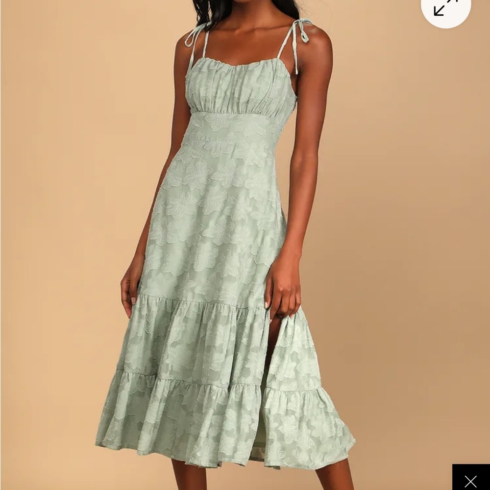 Lulu's Sweet Sentiments Sage Green Jacquard Tiered Midi Dress